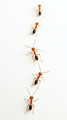 Line of ants marching on a white background in search of food