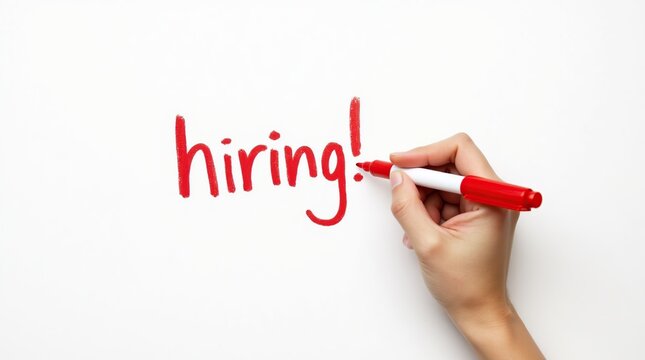 Hand writing hiring in red marker on white background