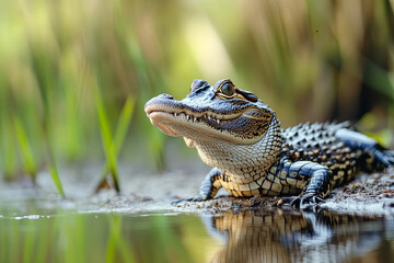 Obraz premium Alligator sunbathing on a riverbank in a swamp