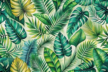 High angle view of tropical foliage in vibrant gouache paint