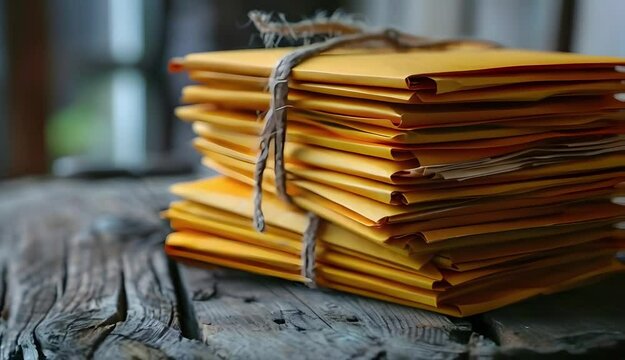 Stacks of yellow envelopes on wooden surface.