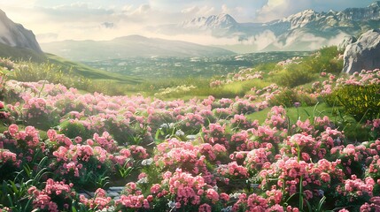 Obraz premium An idyllic skies a field of green next to a stony gradient is filled with bunches of pink flowers