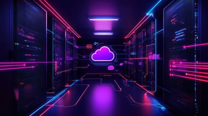 Illuminated Data Center A Creative Illustration of Modern Technology with Neon Lights and Cloud Elements