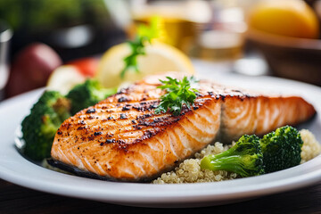 A plate of grilled salmon with steamed broccoli and quinoa