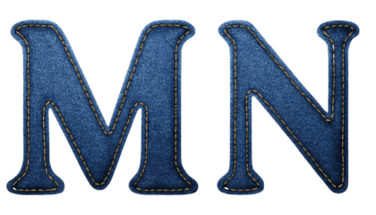 M-N Realistic sewn denim fabric letters M N isolated on white background textured alphabet stitching effect