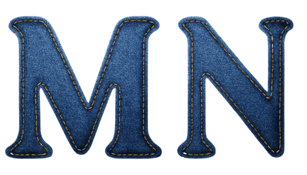 M-N Realistic sewn denim fabric letters M N isolated on white background textured alphabet stitching effect