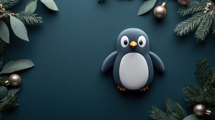 Cute Plush Penguin Surrounded by Festive Decorations, Perfect for Holiday and Winter-Themed Projects