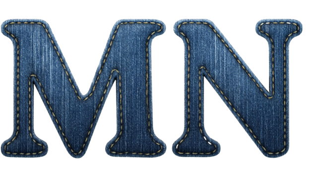 M-N Realistic sewn denim fabric letters M N isolated on white background textured alphabet stitching effect
