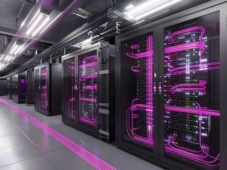 Fototapeta premium Futuristic Digital Data Center Network Diagram with Neon Purple Lighting