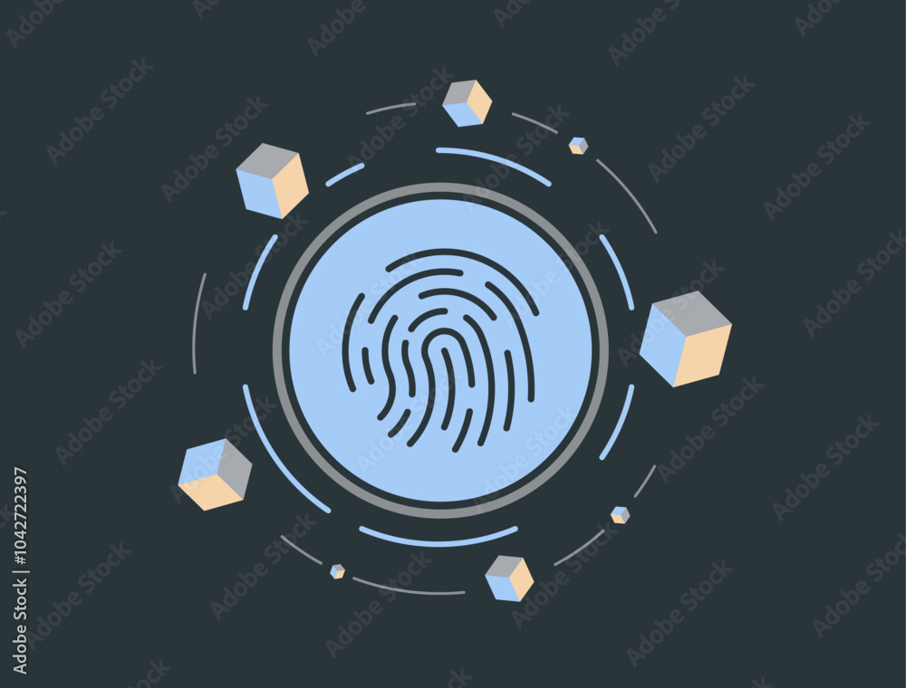 Poster Blockchain-Powered Digital Identity Management. Use blockchain to secure digital identities online. Vector illustration with blockchain ledger block icons and personal fingerprint