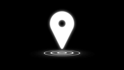 Location indicator and location icon animation. GPS icon in white color on black screen background. location pin mark, Address icon, white pin point, map pin, goggle map location icon, 4k video.