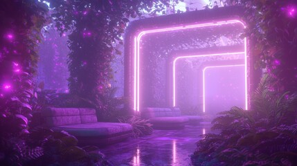 Cyberpunk Oasis: Tranquil Garden Retreat in Neon Lights | Digital Illustration with Cozy Seating, Glowing Foliage, and Ambient Music for Relaxation and Reflection