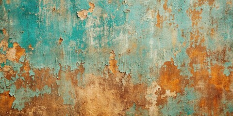 high angle view of weathered teal and brown painted wall texture
