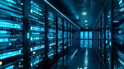 Fototapeta premium Futuristic Digital Data Center Network Diagram with Glowing Servers and Cables in Blue Tone