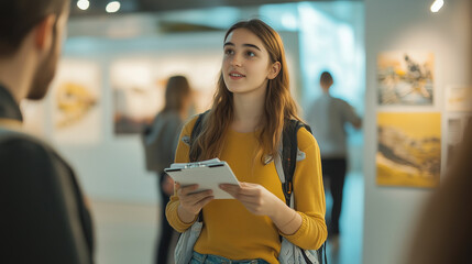Young intern assists visitors at a local museum during an educational tour in the afternoon
