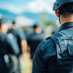 Law Enforcement Officers in Uniform Engaging in Community Safety Initiatives Under Clear Blue Sky