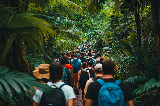 Overtourism in a rainforest, with tourists trampling on sensitive ecosystems