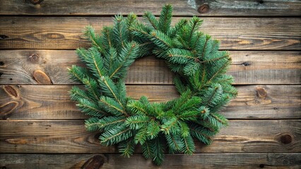 A rustic evergreen wreath crafted from lush pine branches adorns a weathered wooden surface, creating a simple and elegant winter decor.