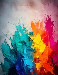 Vibrant abstract artwork with thick paint splashes in blue, green, yellow, orange, and pink, creating a dynamic, textured composition on a neutral background.