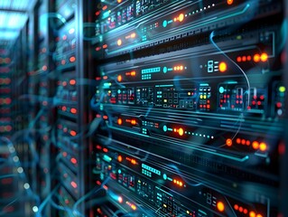 Naklejka premium Detailed Digital Data Center Network Diagram Showcasing Interconnected Server Racks and Technology Infrastructure