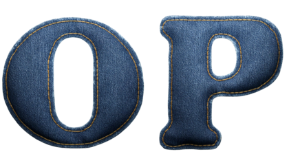 O-P Realistic sewn denim fabric letters O P isolated on white background textured alphabet stitching effect