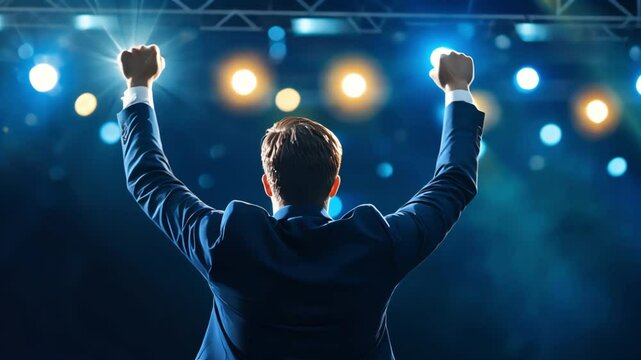 A person in a suit, arms raised in triumph, on a stage lit by spotlights.