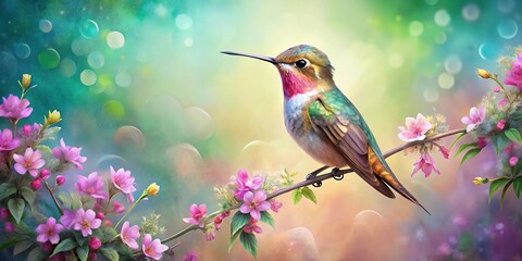 Naklejka premium High angle view of wistful hummingbird painting surrounded by flowers