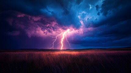 Electrifying Thunderstorm with Striking Lightning over Vast Grassland Landscape