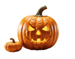 Scary Halloween Jack-O'-Lantern with evil faces, isolated pumpkin head on transparent background