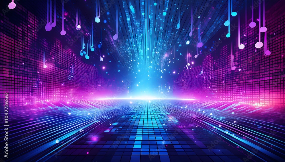 Poster abstract futuristic background with neon lights, music notes and glowing particles.