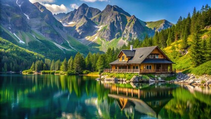 Fototapeta premium Guest house for tourists on the lake in Tatra National Park, Poland, Tatra National Park, guest house, tourists, lake