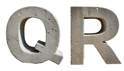 Q-R Alphabet made of concrete masonry cement letters Q R isolated on white background industrial typography
