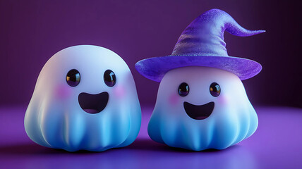 Obraz premium cute Halloween ghosts, purple witch hat, purple background
