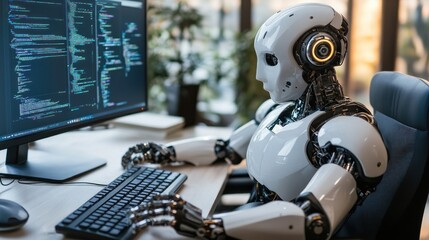 A humanoid robot working at a computer, displaying code on the screen.