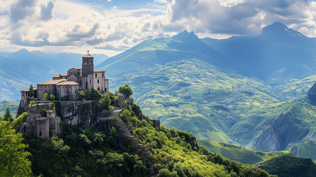 The majestic abbey of Sacra di San Michele, standing on Monte Pirchiriano amidst the picturesque Italian Alps, surrounded by green valleys and mountains under a blue sky with clouds