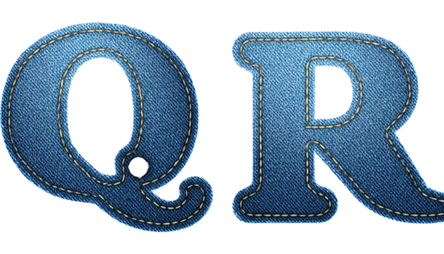 Q-R Realistic sewn denim fabric letters Q R isolated on white background textured alphabet stitching effect