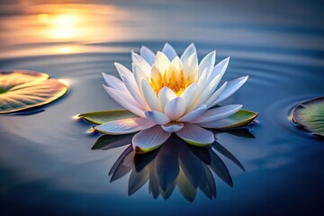 High angle white lotus flower floating gracefully on calm pond at dusk