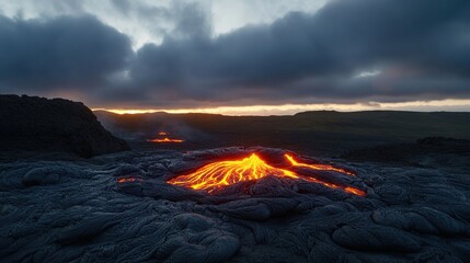 Fototapeta premium Glowing Lava Flowing from Volcanic Eruption at Dusk