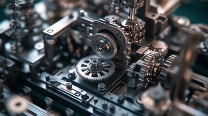 Fototapeta premium A close-up view of intricate metallic gears and mechanisms in a machine.