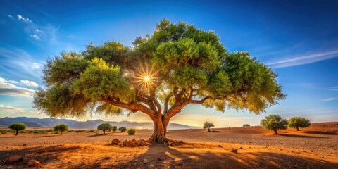 Argan tree bathed in sunlight in Morocco , Argan tree, Morocco, sunlight, nature, landscape, tree, branches, green