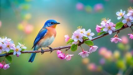 A Vibrant Blue Bird Perched Among Delicate Pink Blossoms on a Branch, a Symphony of Color and Springtime Charm