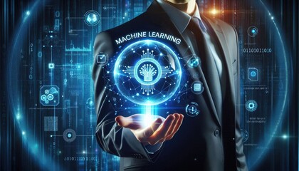 Businessman Presenting Machine Learning Concept: Futuristic Holographic Sphere with Digital Circuitry and Data Patterns, Symbolizing AI, Predictive Analytics, and Technological Innovation