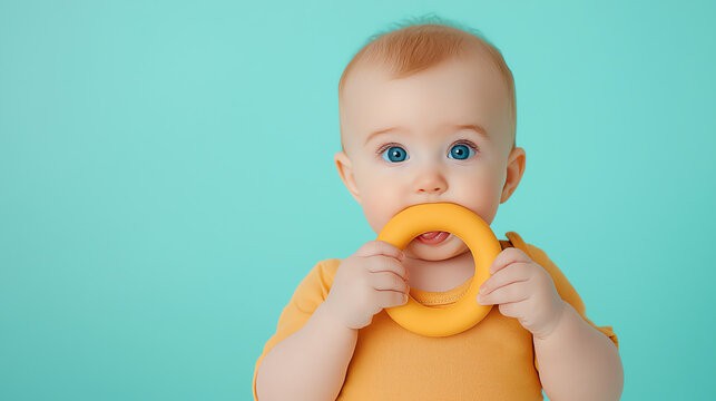 Captivating image of an adorable baby with a yellow teething ring on a vibrant background