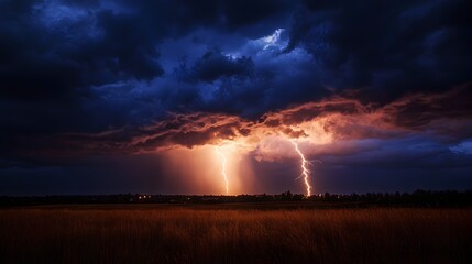 Fototapeta premium Dramatic Storm Unleashing Powerful Lightning Over Vast Countryside Landscape
