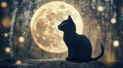 A black cat gazes at a glowing full moon, surrounded by sparkling lights, creating a mystical and magical atmosphere.