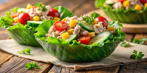 A vibrant salad nestled in a lettuce cup, bursting with diced cucumbers, bright red tomatoes, and chunks of yellow vegetables, all atop a rustic wooden surface.