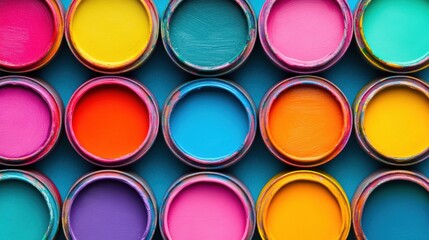 Brightly colored paint cans are open and neatly arranged on a blue surface, inviting creativity and artistic expression