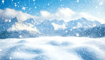 Obraz premium Beautiful snow landscape with winter mountains and blue sky on a sunny day. Winter background with copy space for text, banner design. Snowy mountain scene with falling snowflakes. New Year or Christm