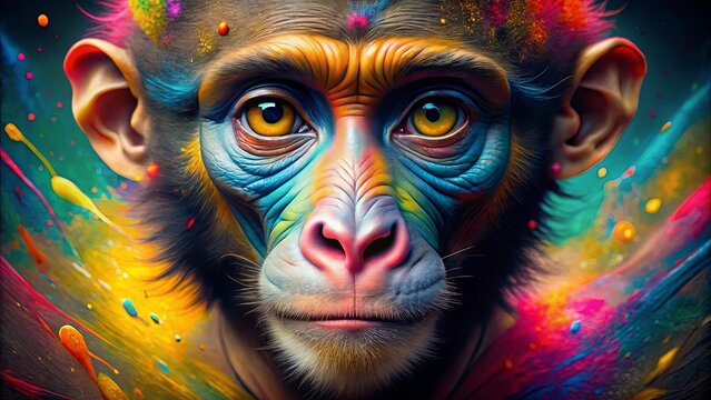 A primate's inquisitive gaze, a colorful canvas of emotions, a portrait of primal instinct
