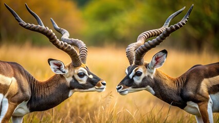 High quality image of BlackBuck engaging in territorial fight and locking horns in macro detail